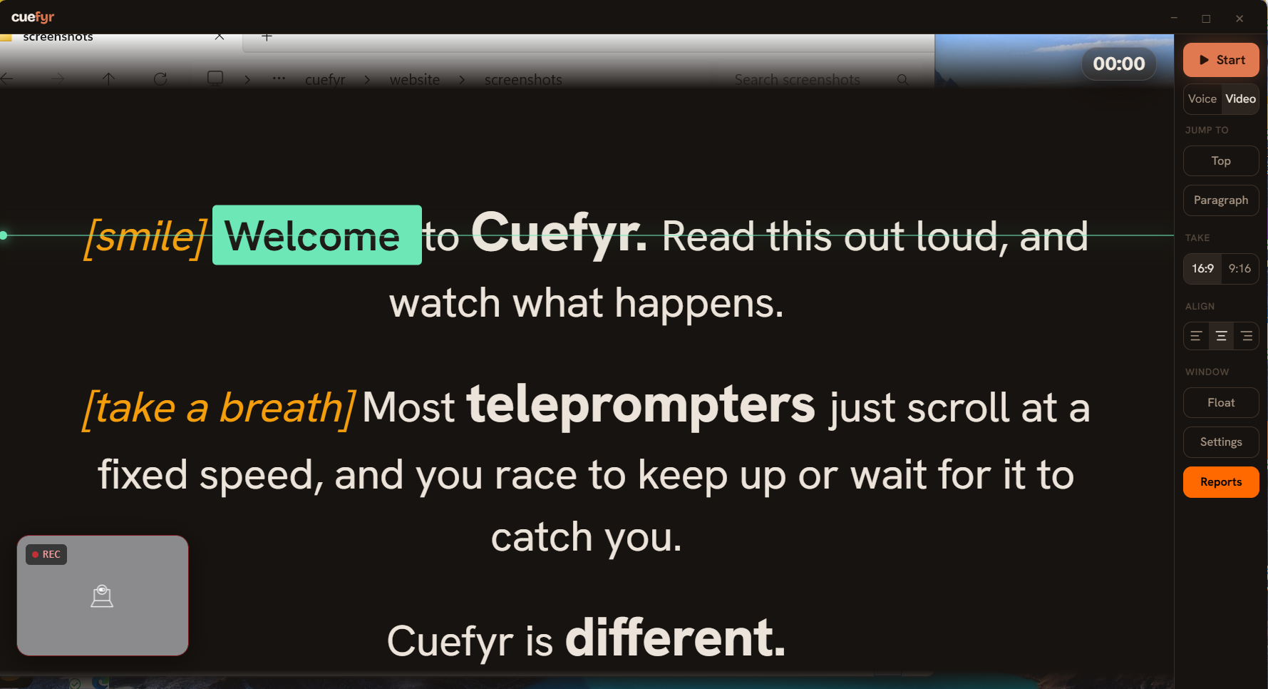 The Cuefyr prompter floating over another window, with the current word highlighted and the read line marked